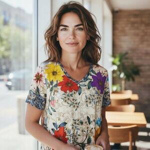 Johnny Was Floral Print V Neck Top, Short Sleeve Blouse Bohemian Style